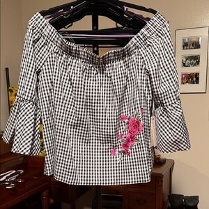 Iris Basic Black & White Gingham Off-Shoulder Top with Pink Floral Embroidery